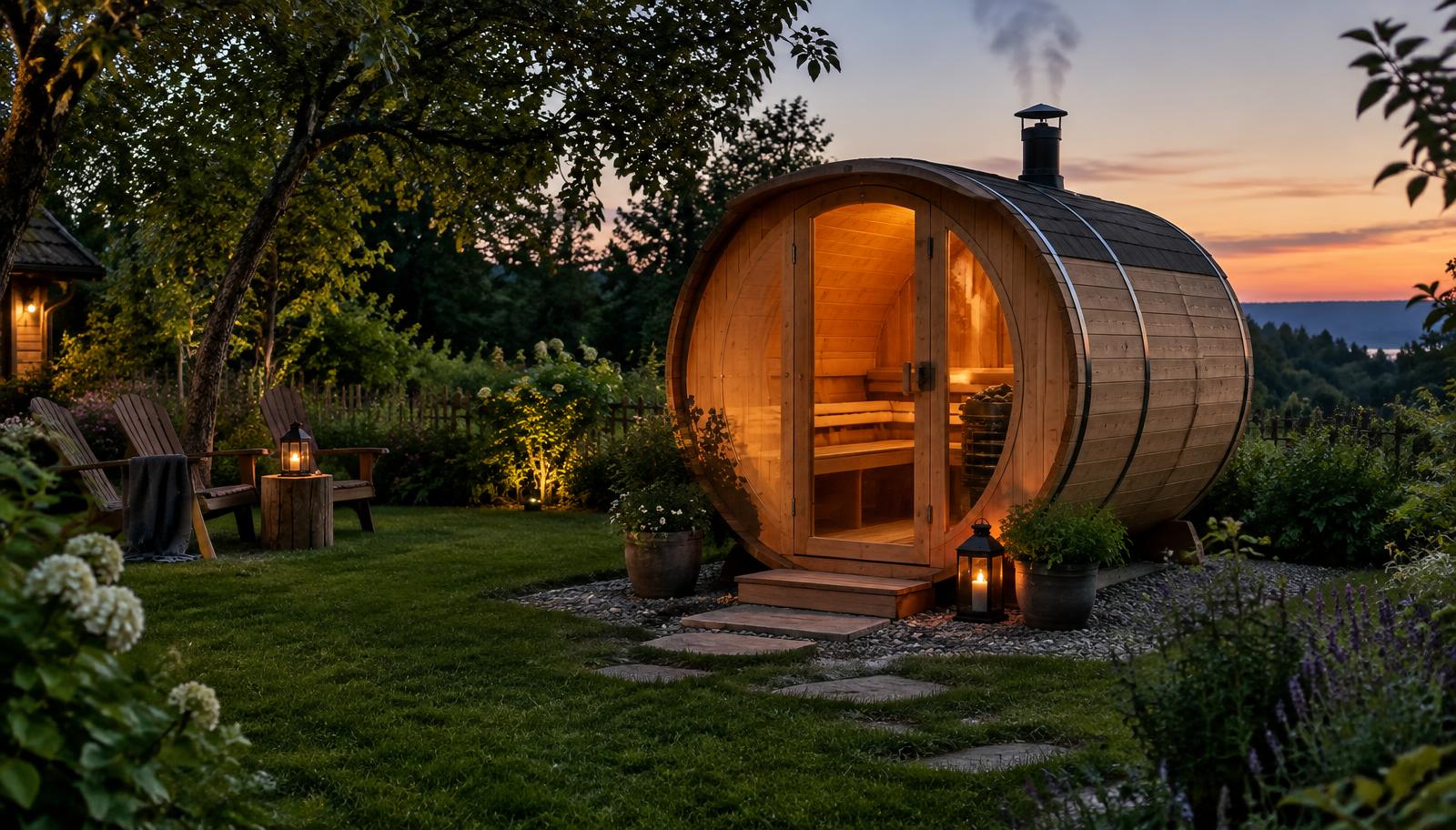 Fasssauna aus Holz im Garten in der Abenddämmerung