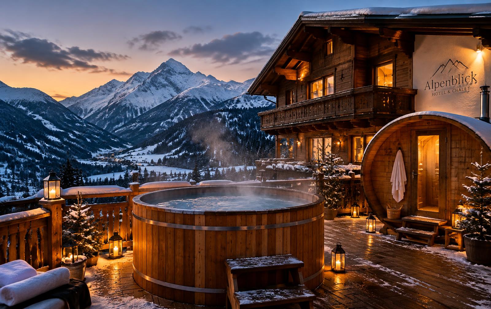 Chalet in den Alpen mit Badefass und Fasssauna auf der Terrasse